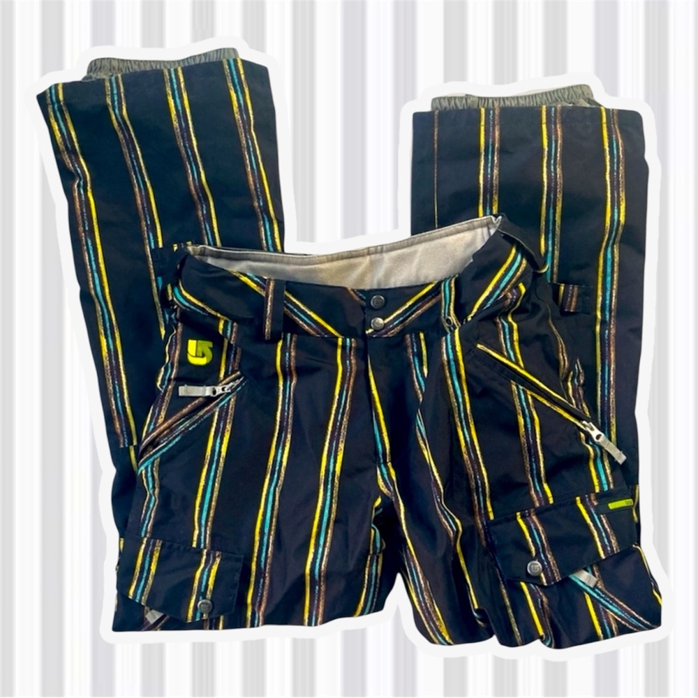 Burton Black Wide-Leg Snow Pants with Yellow & Teal Stripes